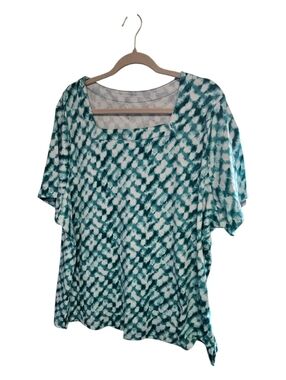 Kim Rogers Teal and White Square Neck Short Sleeve Top